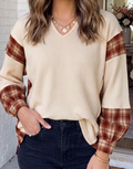 Plaid Patchwork V Neck