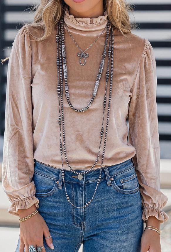 Velvet Ruffled Neck Long Sleeve